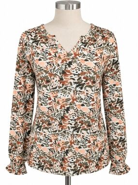 Jessica Simpson Women’s M Floral Blouse Split Neck Ruffle Cuff Long Sleeve
